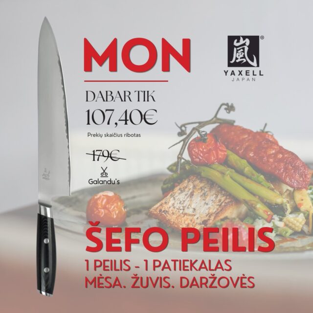 🔪 Yaxell MON Chef 25,5 cm (10″) Tik 107,40 eur! Vietoje 179 eur.
Ilgesni ašmenys, VG-10 plieno šerdis, ~61 HRC kietumas ir profesionaliam darbui pritaikytas dizainas – Yaxell MON Chef Gyuto sukurtas tiems, kurie virtuvėje vertina tikslumą, aštrumą ir patogų darbą.
🇯🇵 Pagamintas Seki mieste, Japonijoje, garsėjančiame ilgametėmis peilių gamybos tradicijomis.
Kuo jis išsiskiria?
✨ VG-10 šerdis – geras aštrumo išlaikymas ir atsparumas nusidėvėjimui.
✨ Trijų sluoksnių plienas – konstrukcija suteikia gerą tvirtumo ir aštrumo balansą.
✨ 25,5 cm ašmenys – patogu dirbti su didesniais produktais ir atlikti ilgus, vientisus pjūvius.
✨ Micarta rankena – atspari drėgmei, higieniška ir patogi laikyti.
✨ Gyuto forma – universalus pasirinkimas mėsai, žuviai, daržovėms ir įvairiems kasdieniams virtuvės darbams.
Tai peilis, kuris ypač atsiskleidžia tada, kai reikia ilgo, tolygaus pjūvio, o ne daugybės trumpų judesių.
Jei ieškote universalaus, rimtam darbui skirto japoniško virtuvinio peilio, verta atkreipti dėmesį į šį MON serijos modelį.
🔥 Šiuo metu Yaxell MON Chef 25,5 cm taikoma 40 % nuolaida.
Įsigyti galite galandus fizinėje parduotuvėje arba el.parduotuvėje ⬇️
https://galandus.lt/product/yaxell-mon-chefs-large-peilis-255-mm-3-sluoksniu-vg-10-damasko-plienas/
#japoniškipeiliai #šefopeilis #nerūdijantisplienas #virtuvė #kokybė #akcija #gerakaina